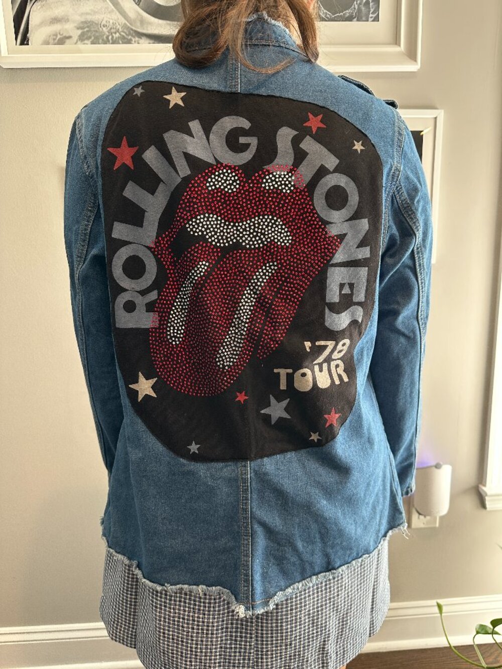 Rolling Stones Rhinestone Military Style Denim Blue Jean Jacket (M)